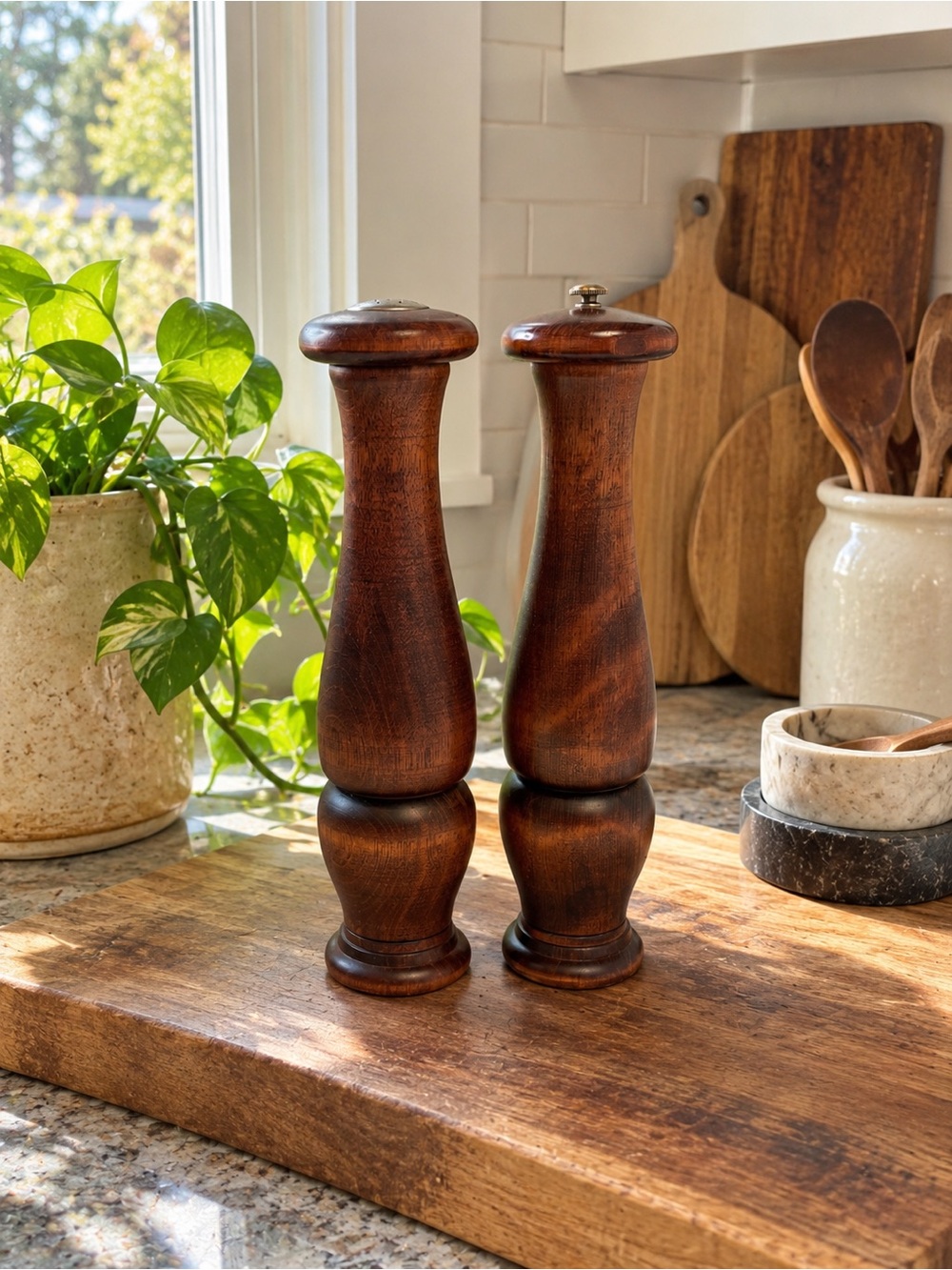 Vintage Baribocraft Canada Wooden Salt Pepper Shaker Mill Grinder Set 12” MCM
